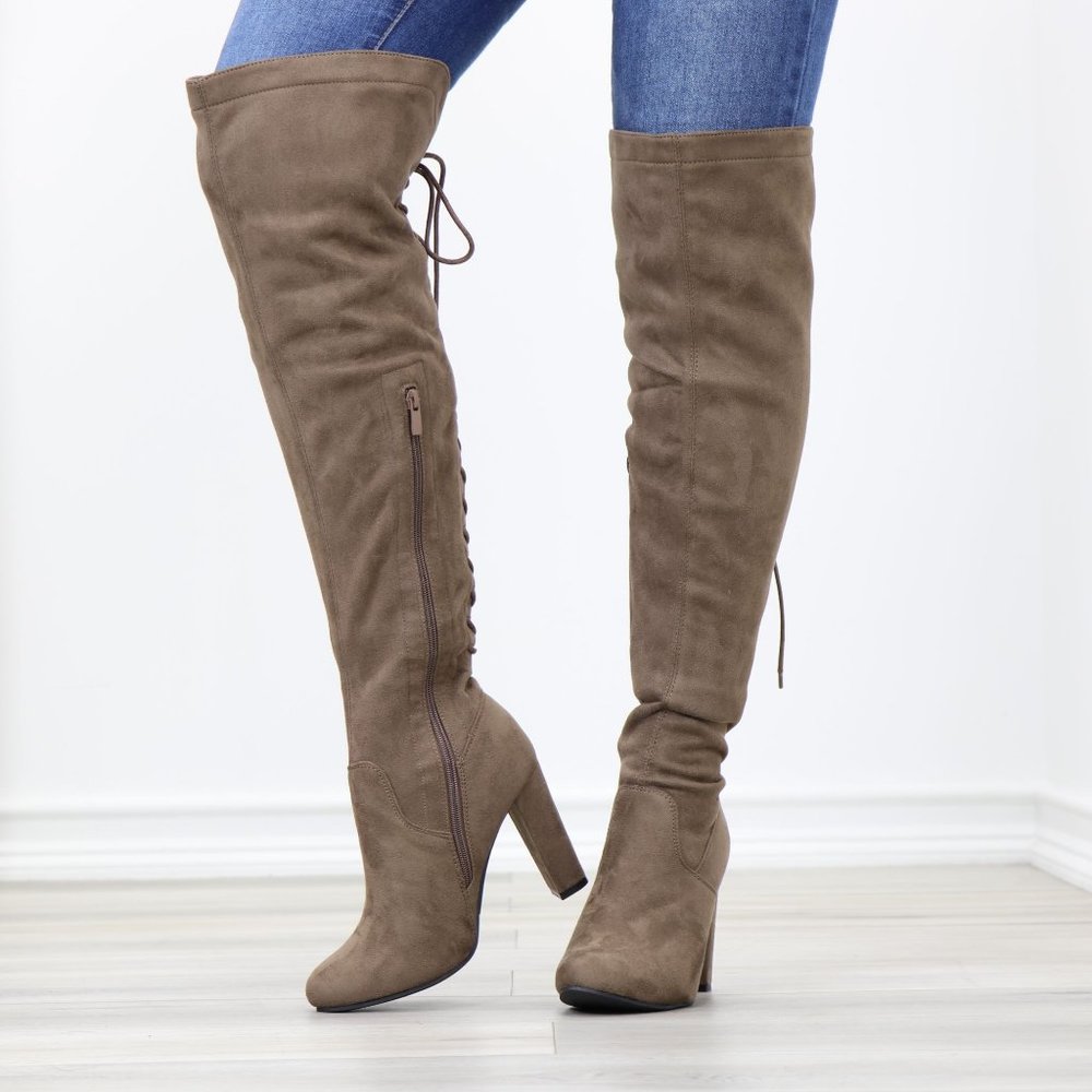 Taupe Suede Thigh High Over The Knee Block High Heel Boots With Lace Up Back - Picture 12 of 14